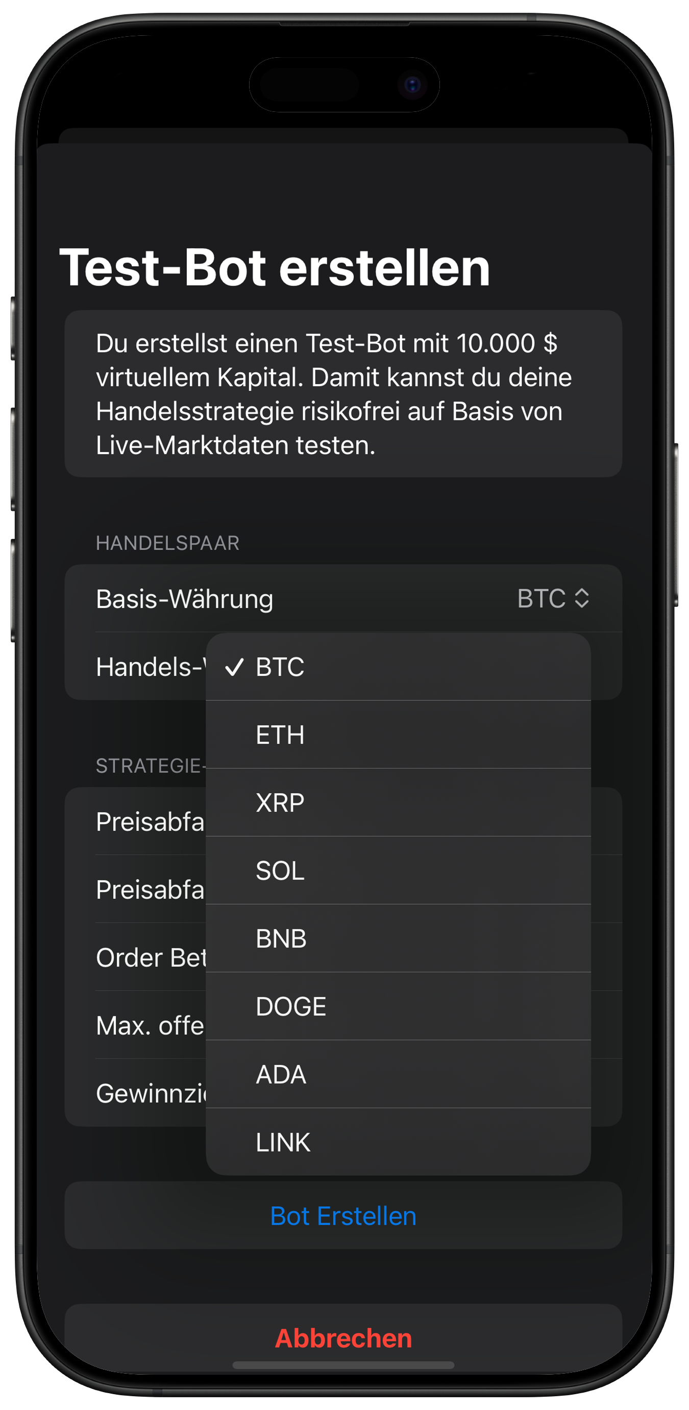 Screenshot: Base Asset Dropdown-Liste