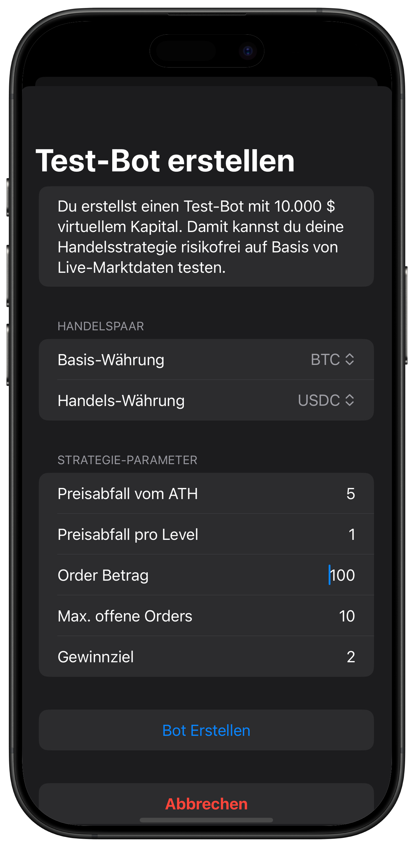 Screenshot: Strategie Parameter einstellen