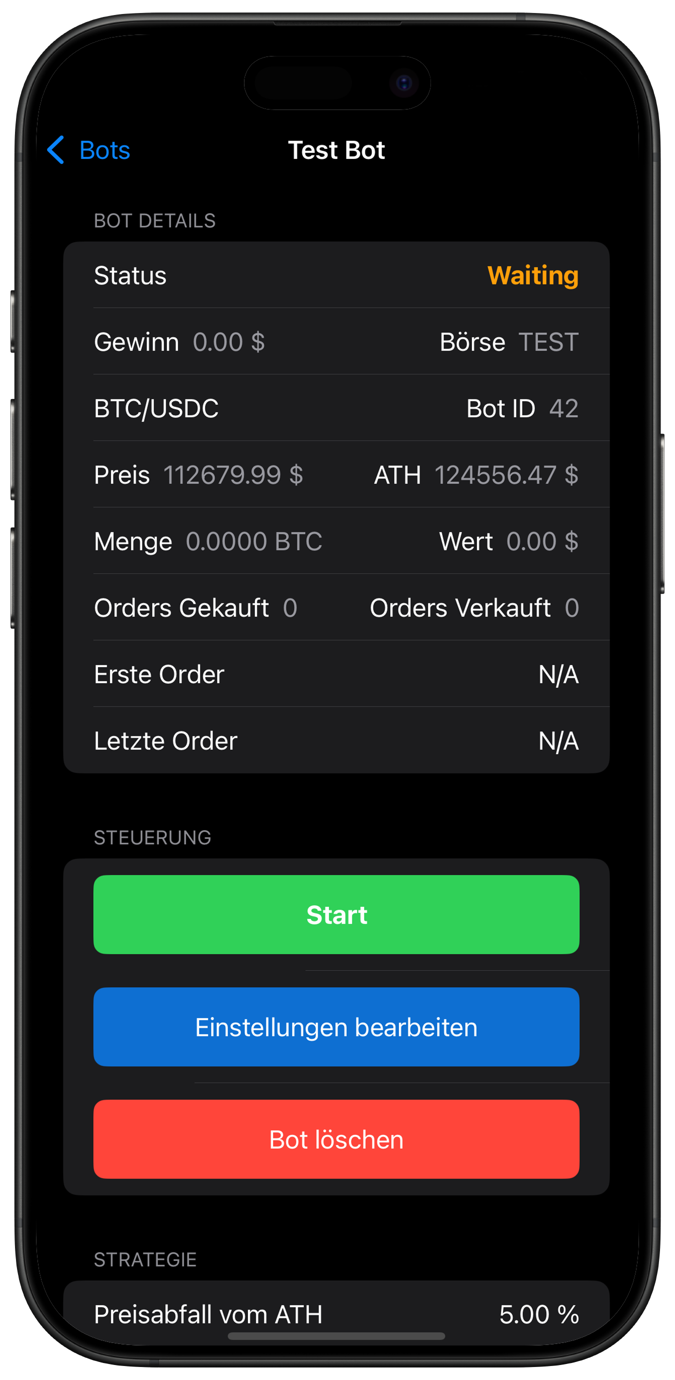 Screenshot: Bot Detailansicht mit Start Button