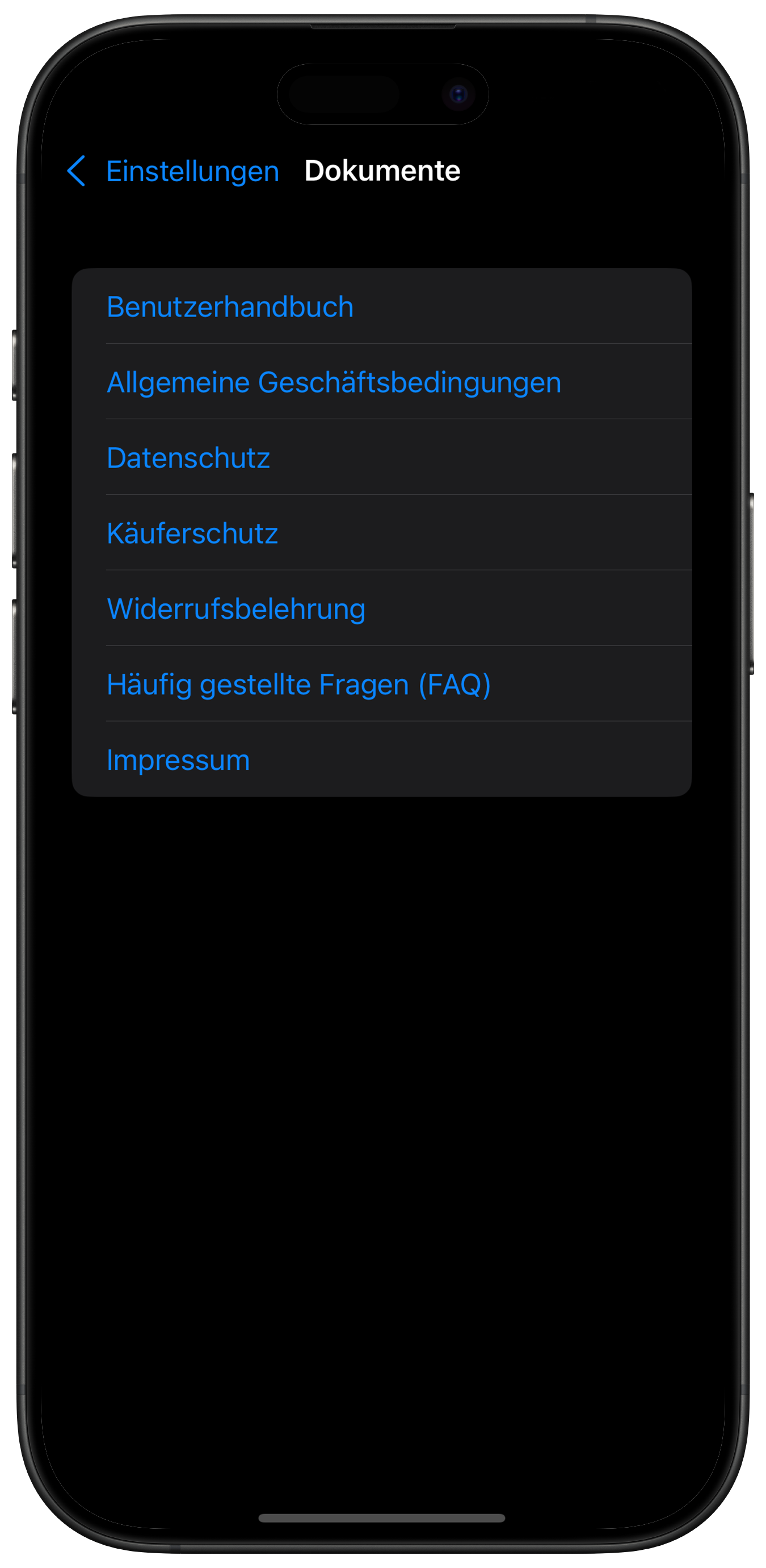 Screenshot: Liste der rechtlichen Links