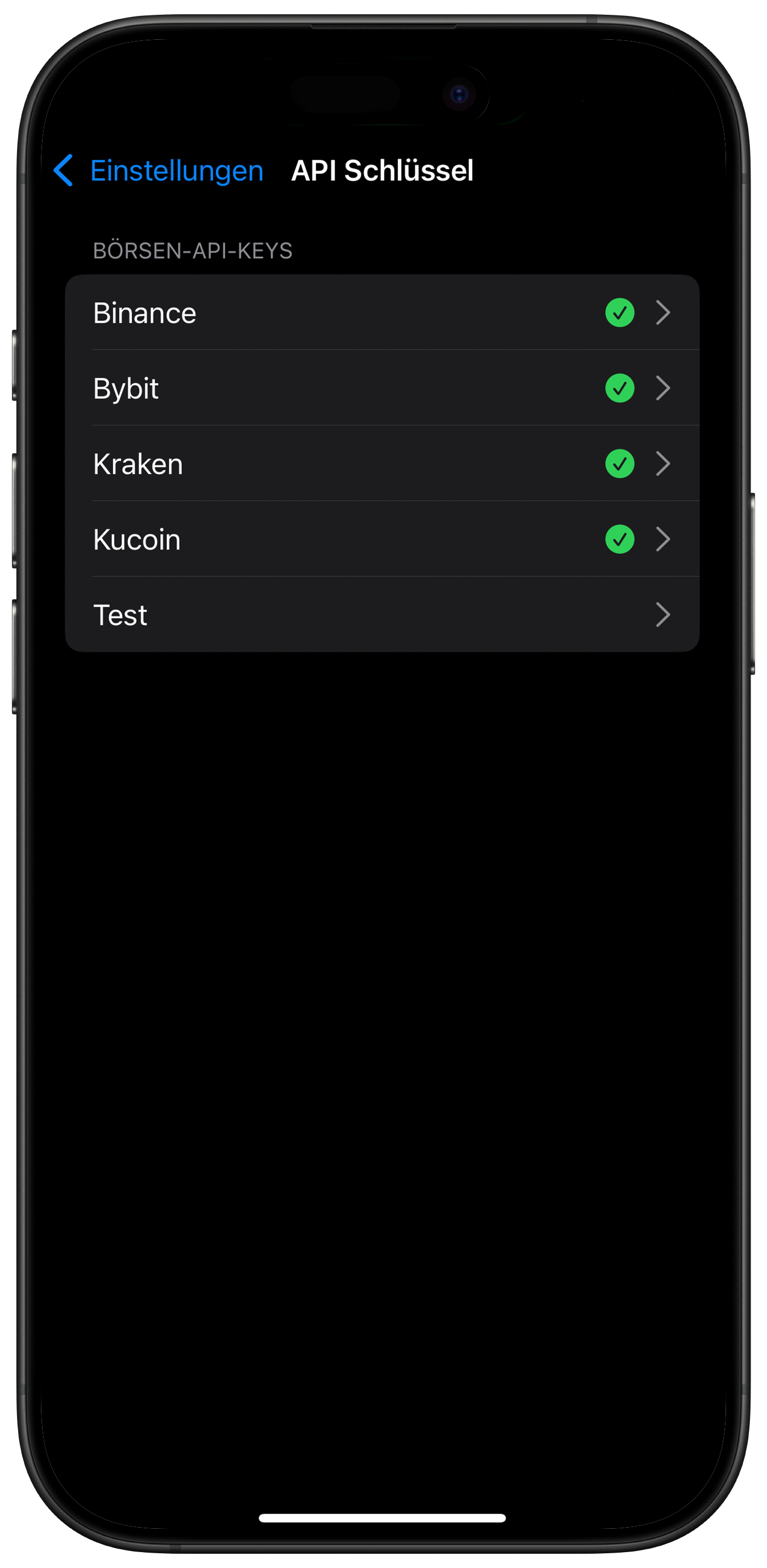 Screenshot: API-Liste mit grün markierter Börse