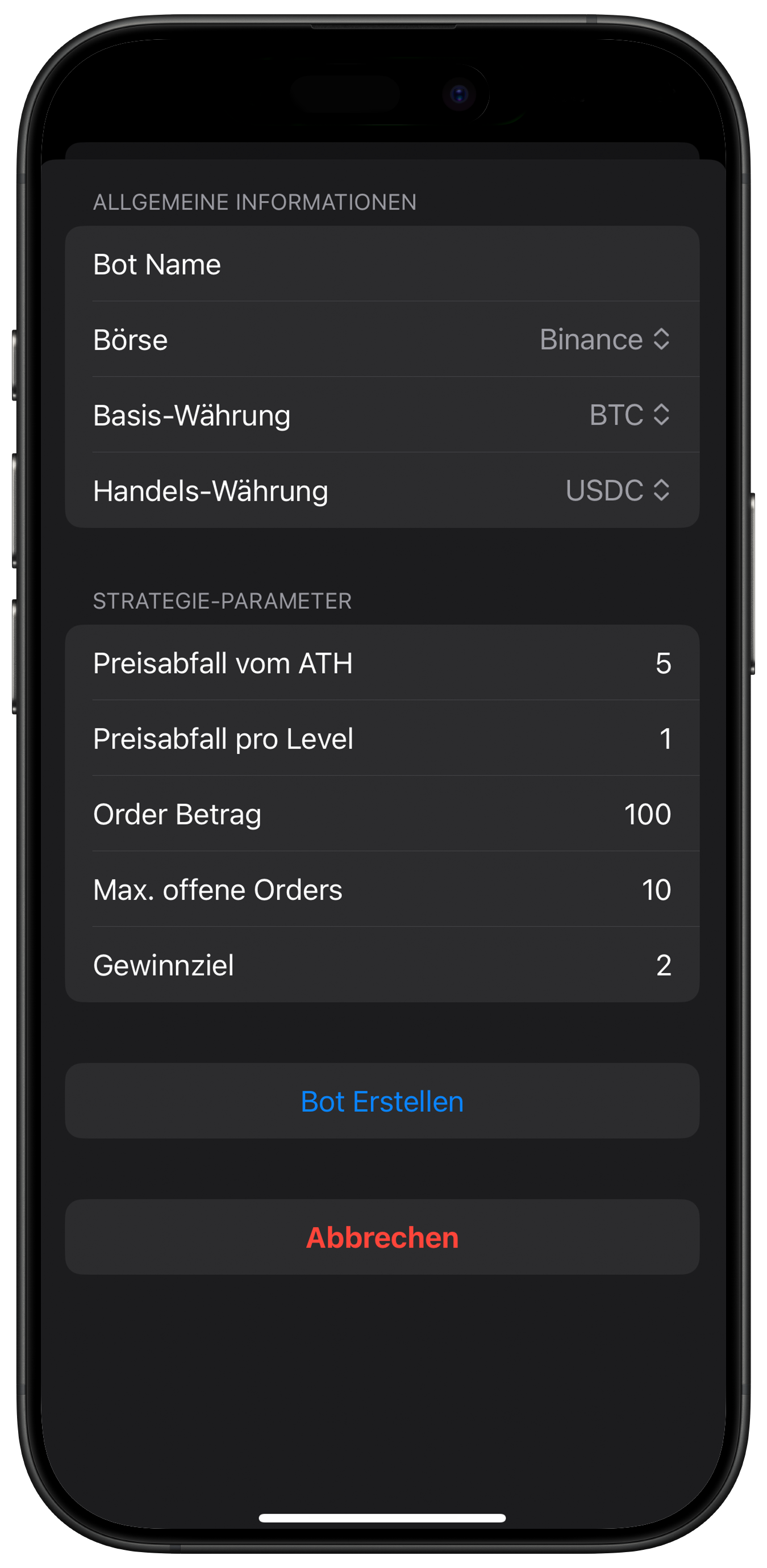 Screenshot: Bot-Erstellung mit Namens- und Börsenauswahl