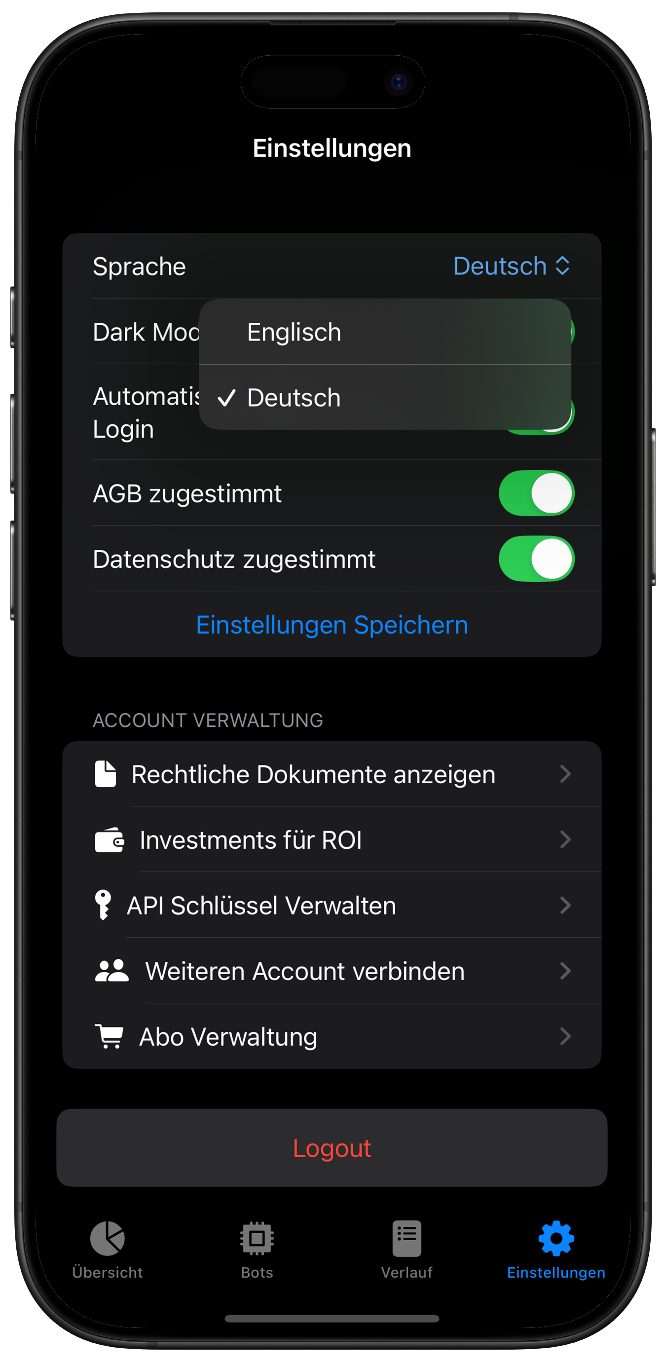 Screenshot: Sprache auswählen