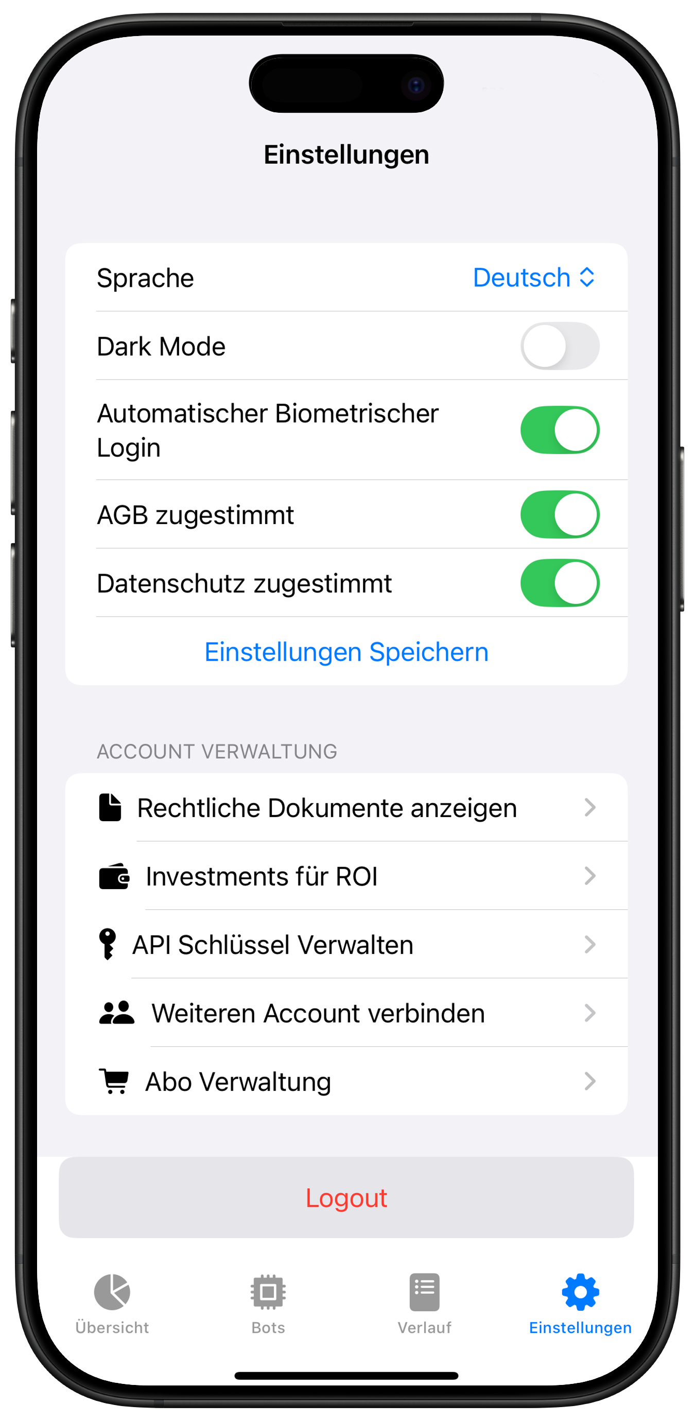 Screenshot: Dark Modus auswählen
