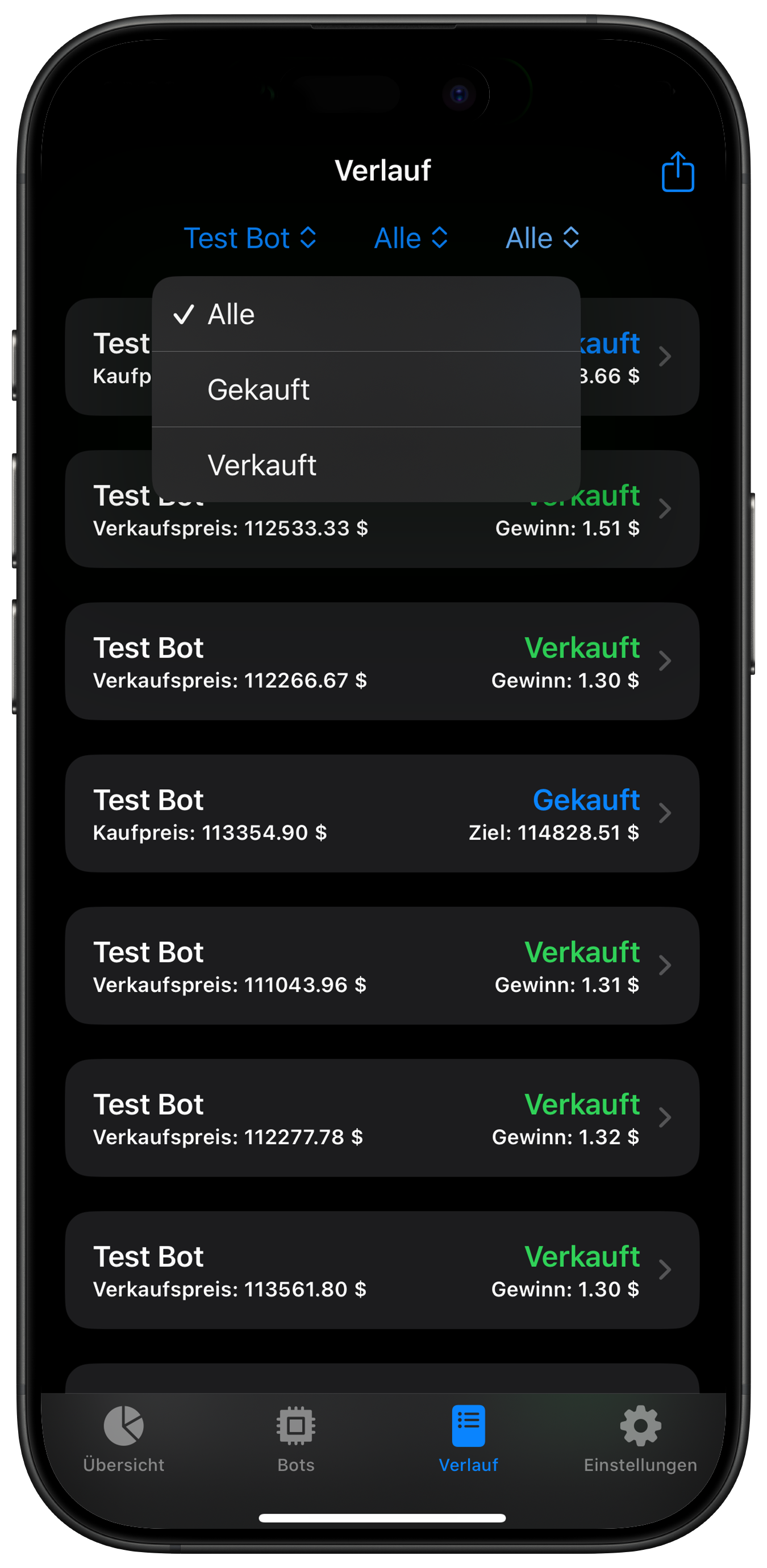 Screenshot: Order-Verlauf mit Filtern