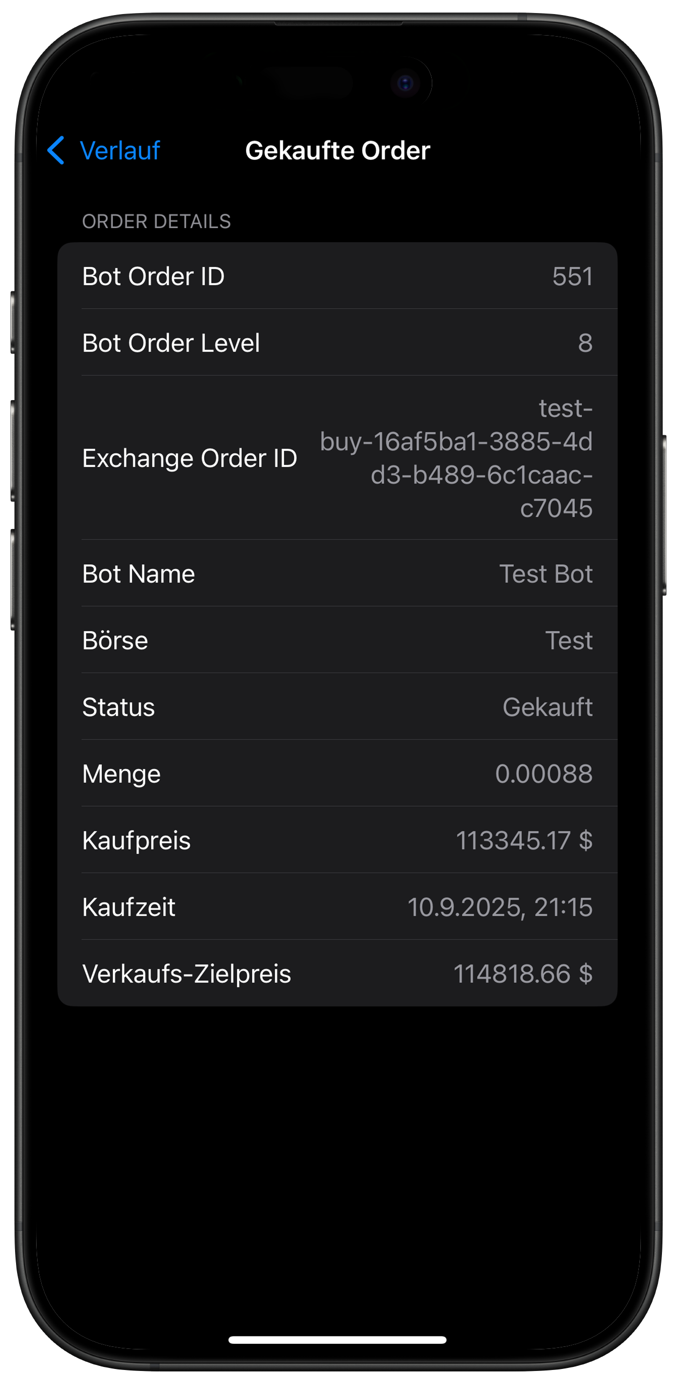 Screenshot: Details einer Kauf-Order
