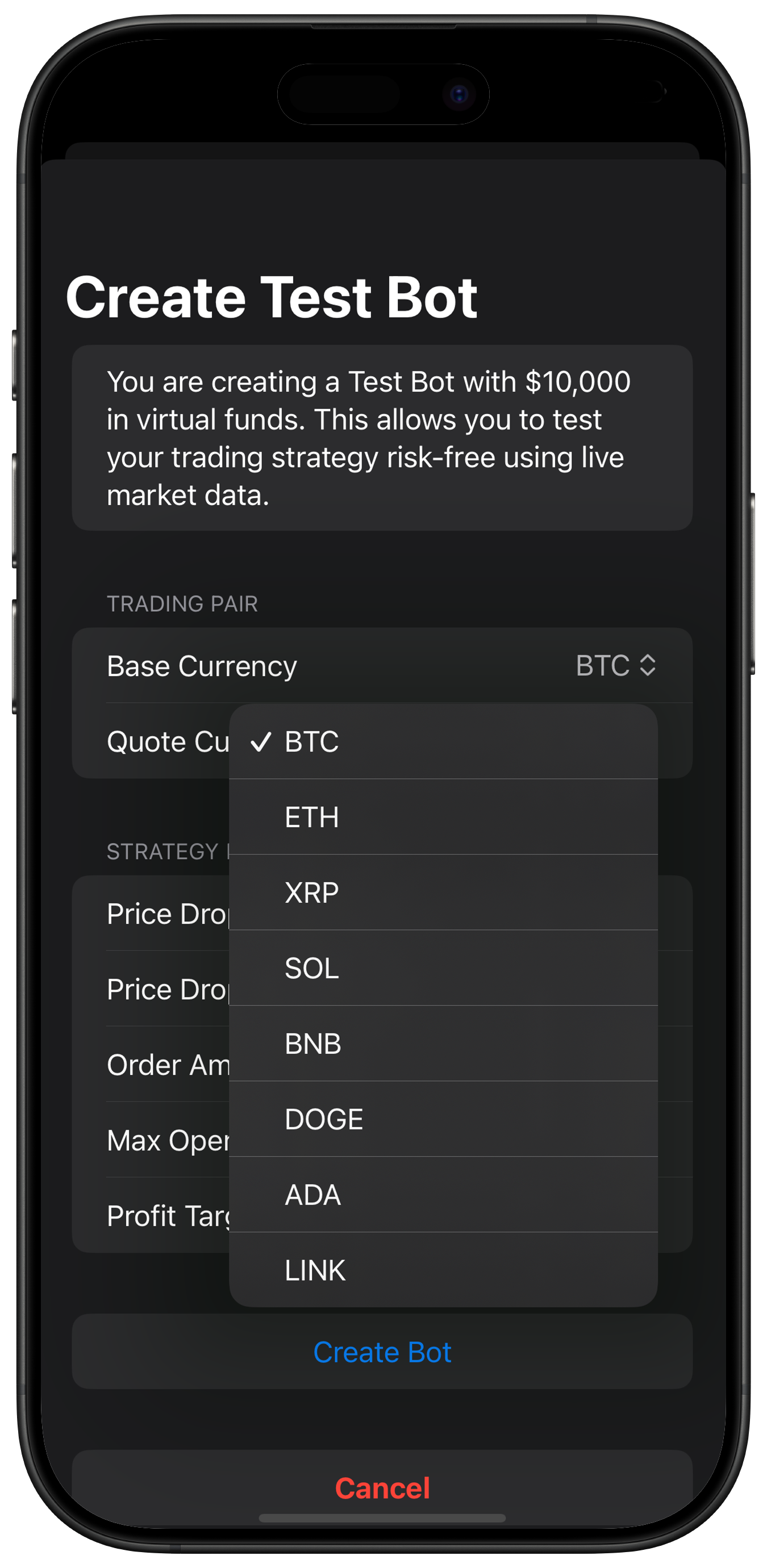 Screenshot: Base Asset Dropdown