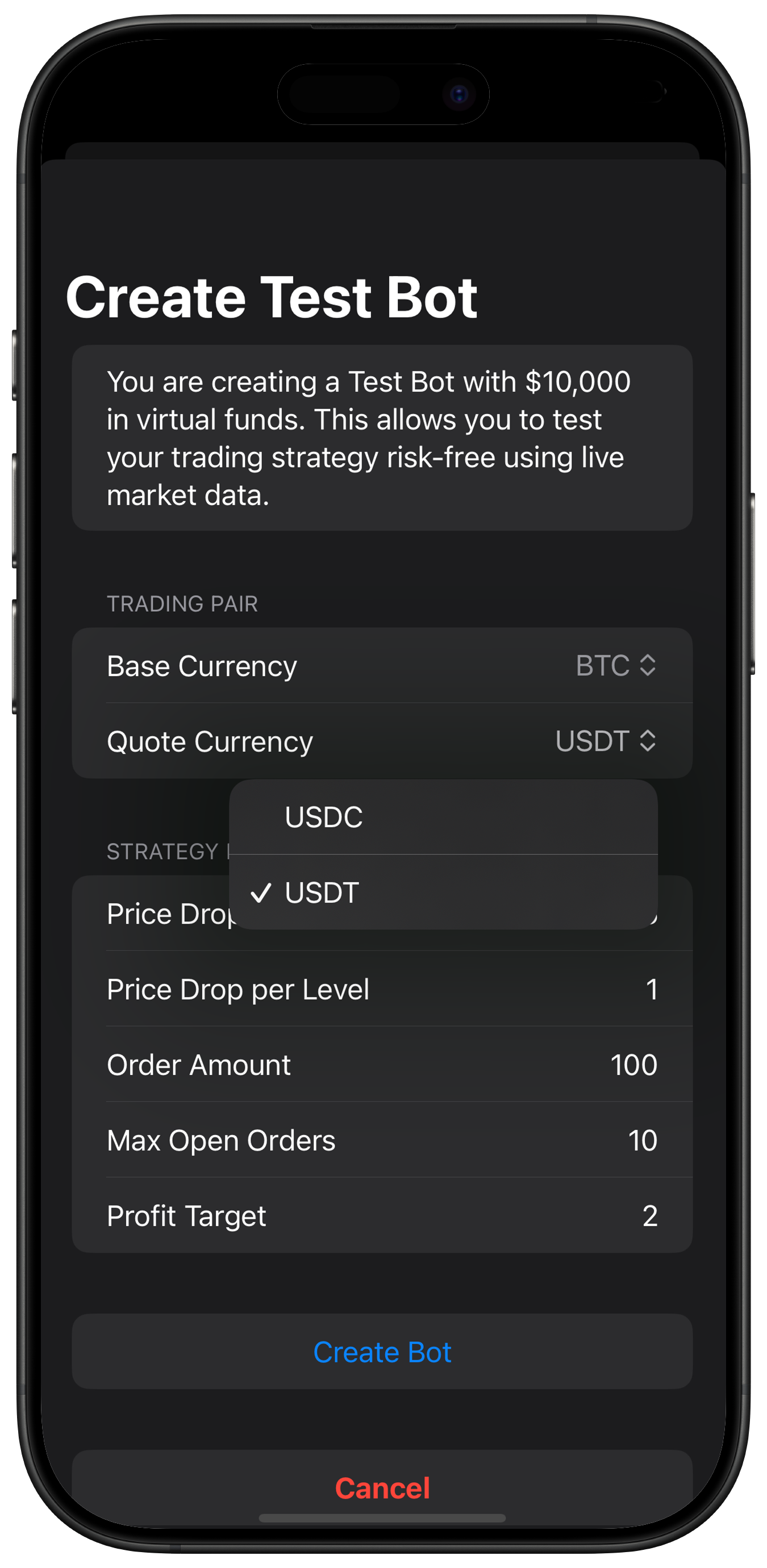 Screenshot: Quote Asset Dropdown