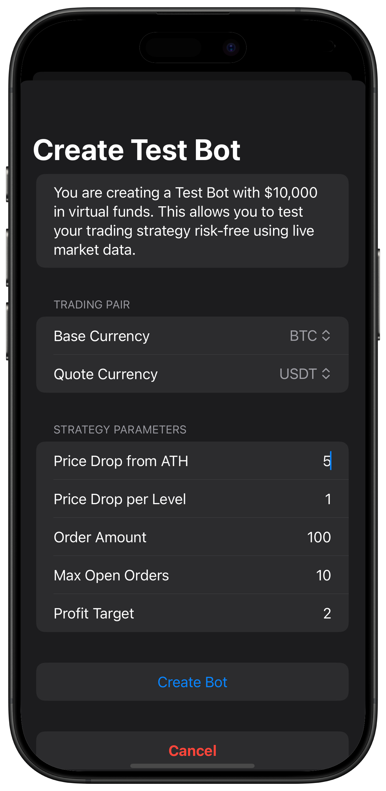 Screenshot: Configure Strategy Parameters