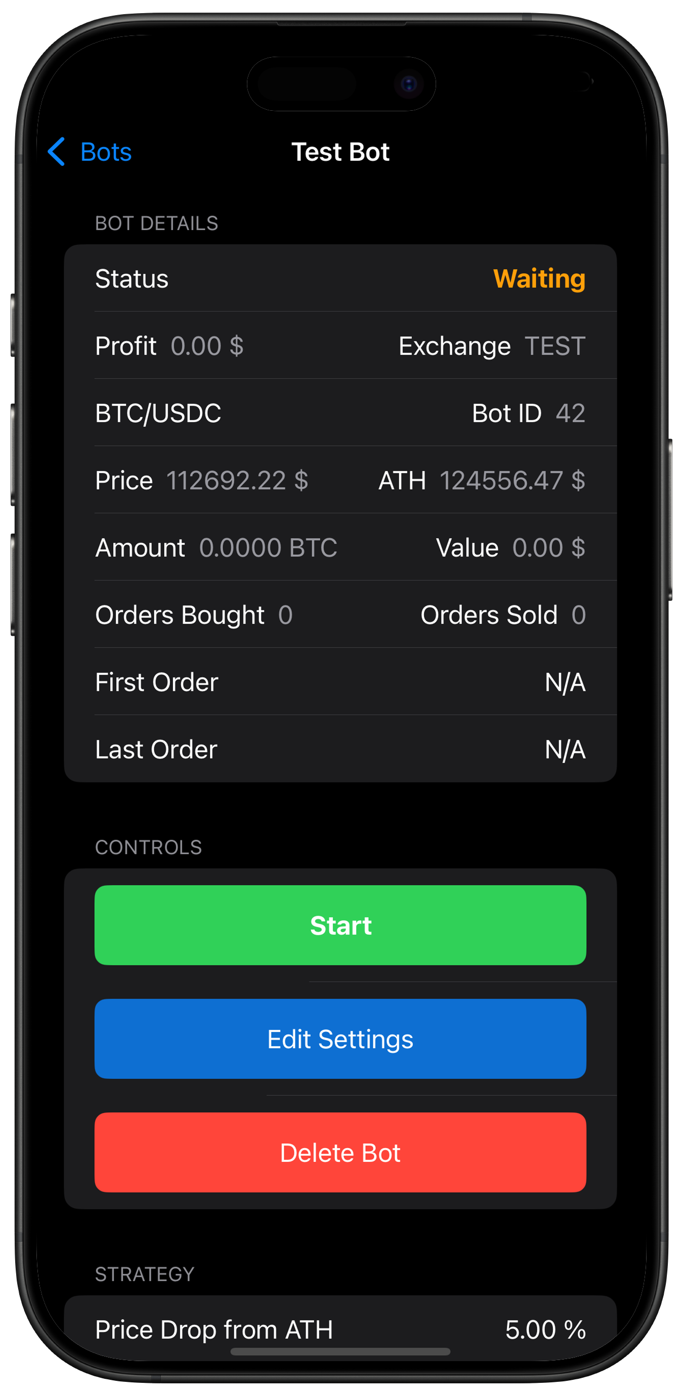 Screenshot: Bot Detail View with Start Button