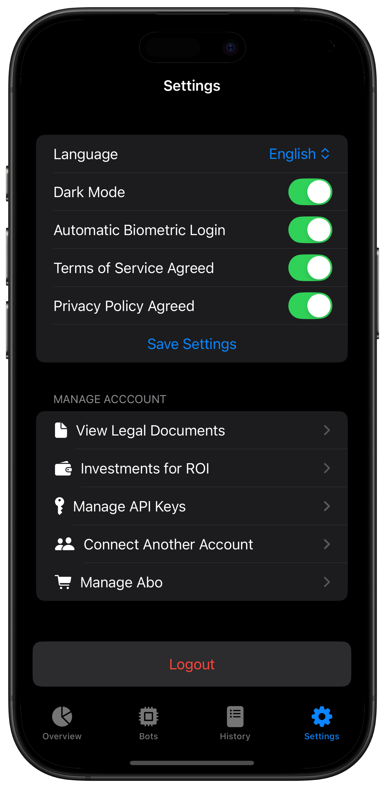 Screenshot: Navigation to Settings