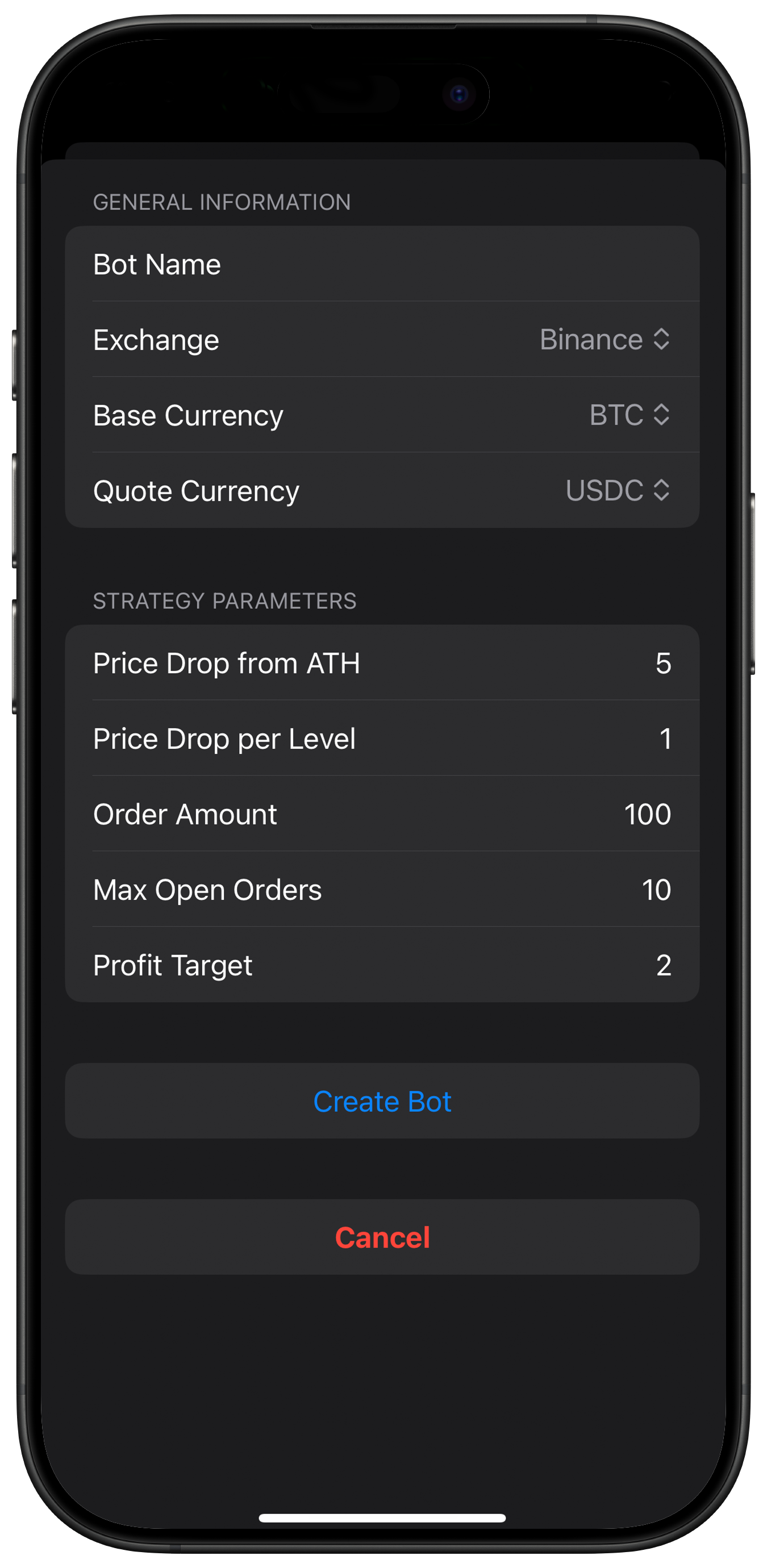 Screenshot: Bot Creation with Name and Exchange