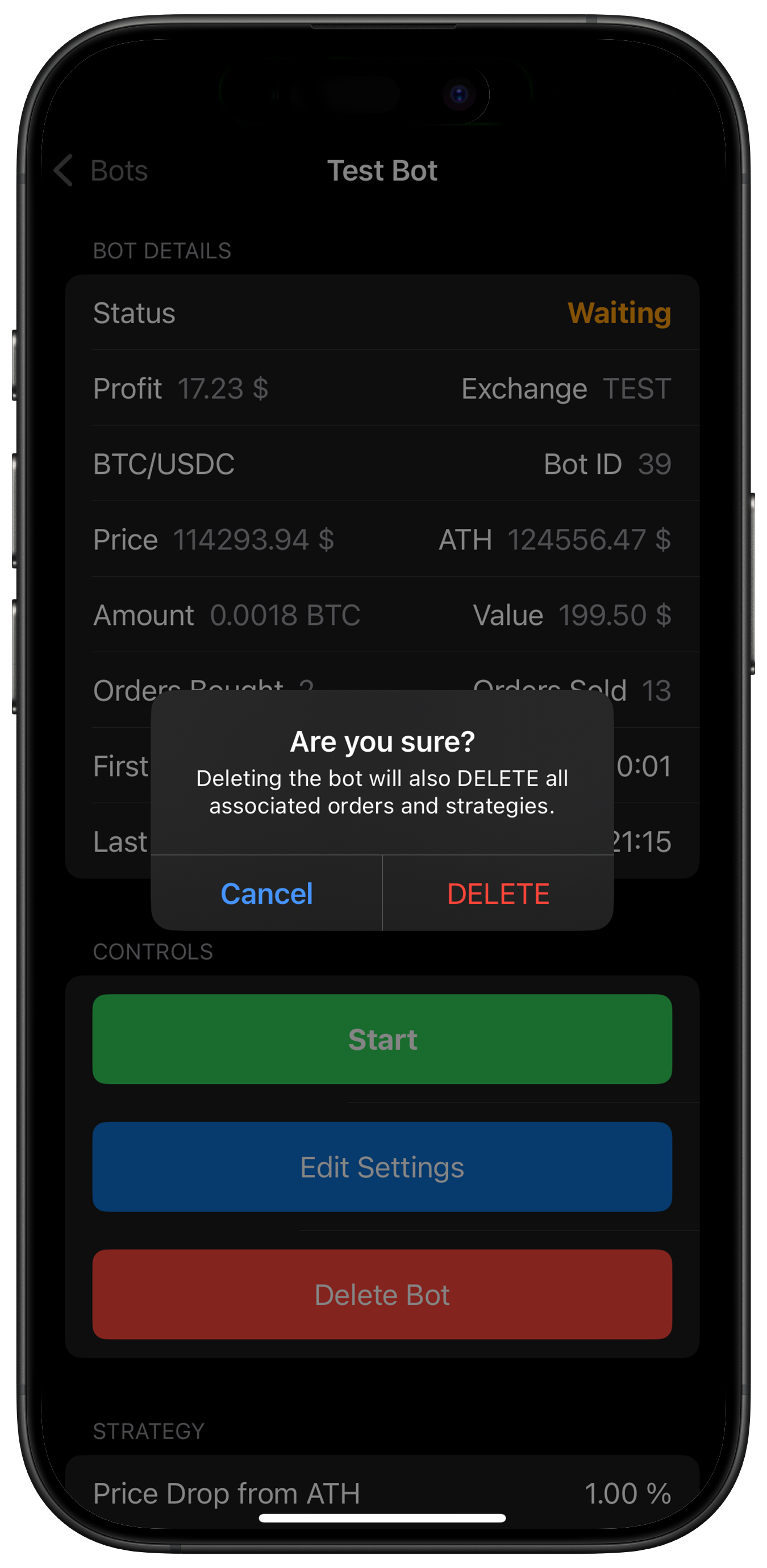 Screenshot: Bot deletion confirmation