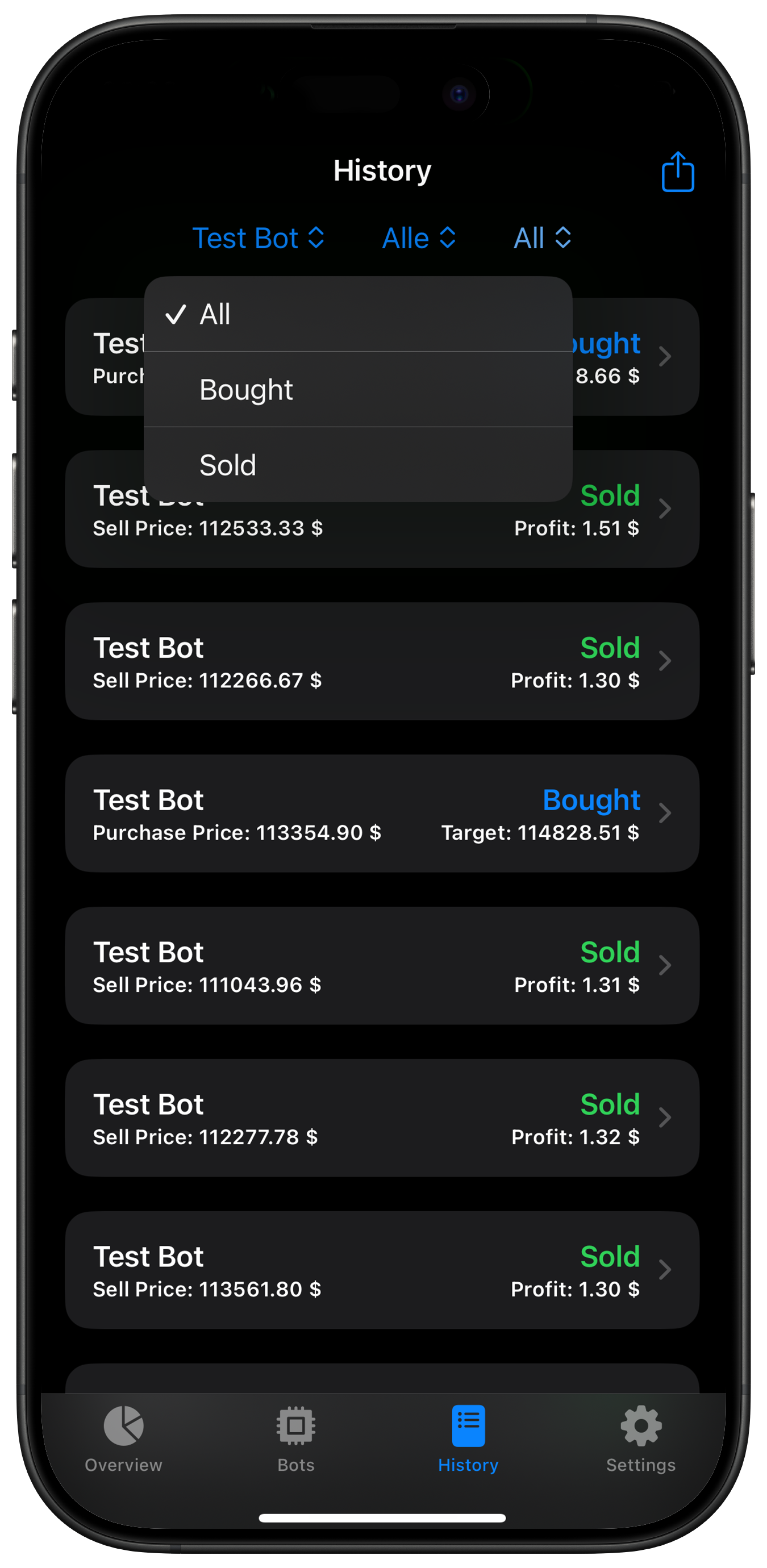 Screenshot: Order history with filters
