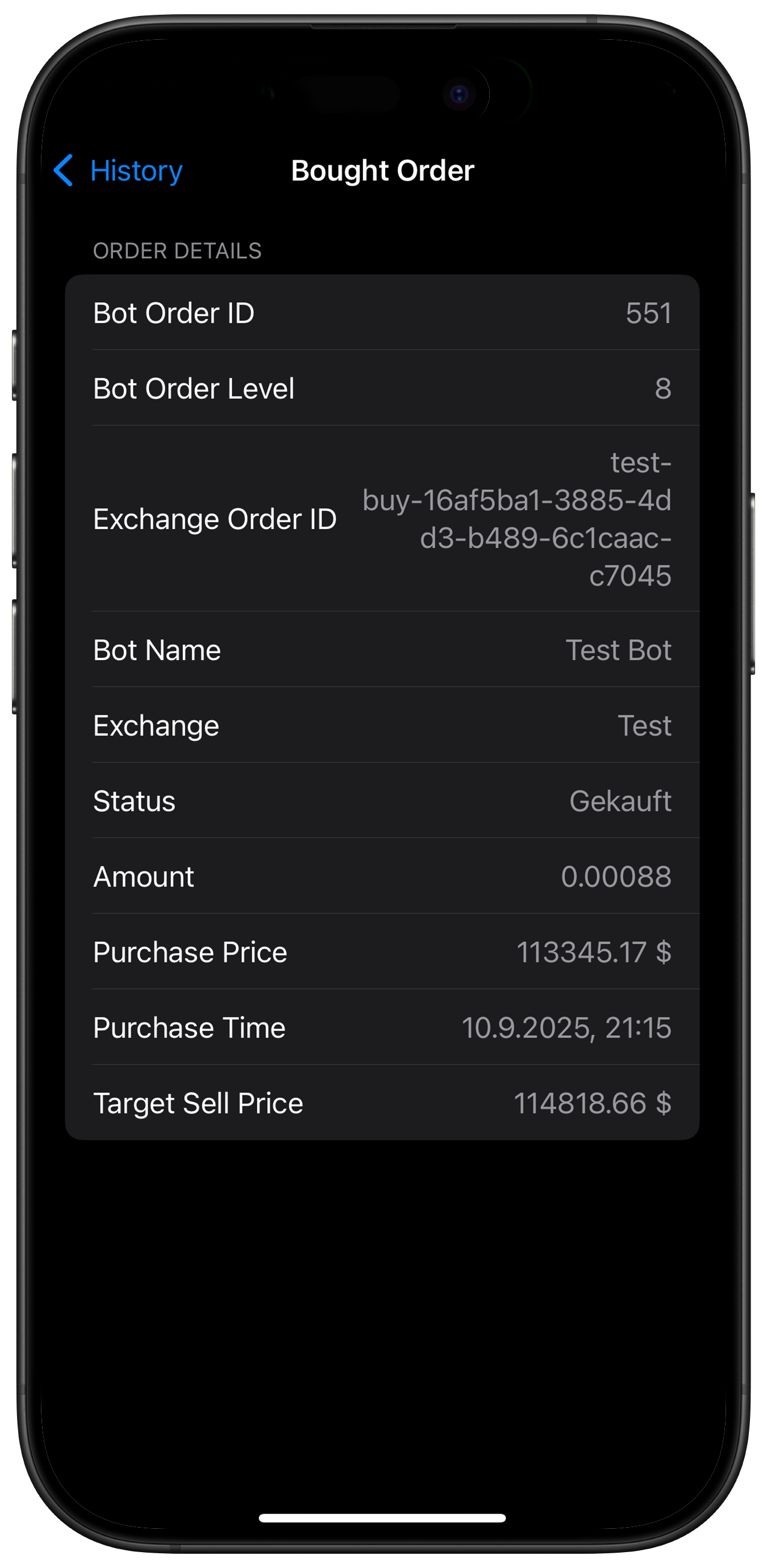 Screenshot: Details of a buy order
